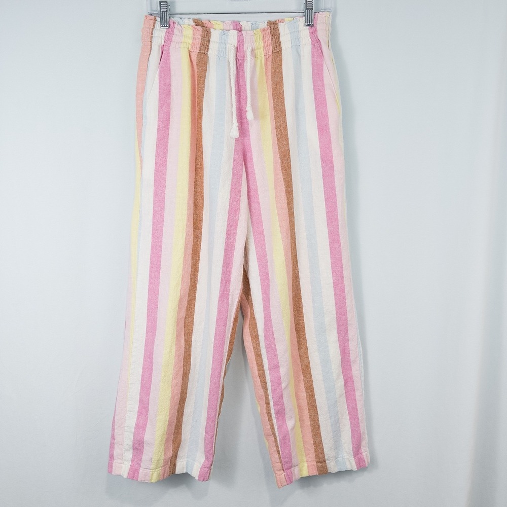 J Crew Striped Linen Cotton Pull On Wide Leg Crop Pants Womens Small Multicolor